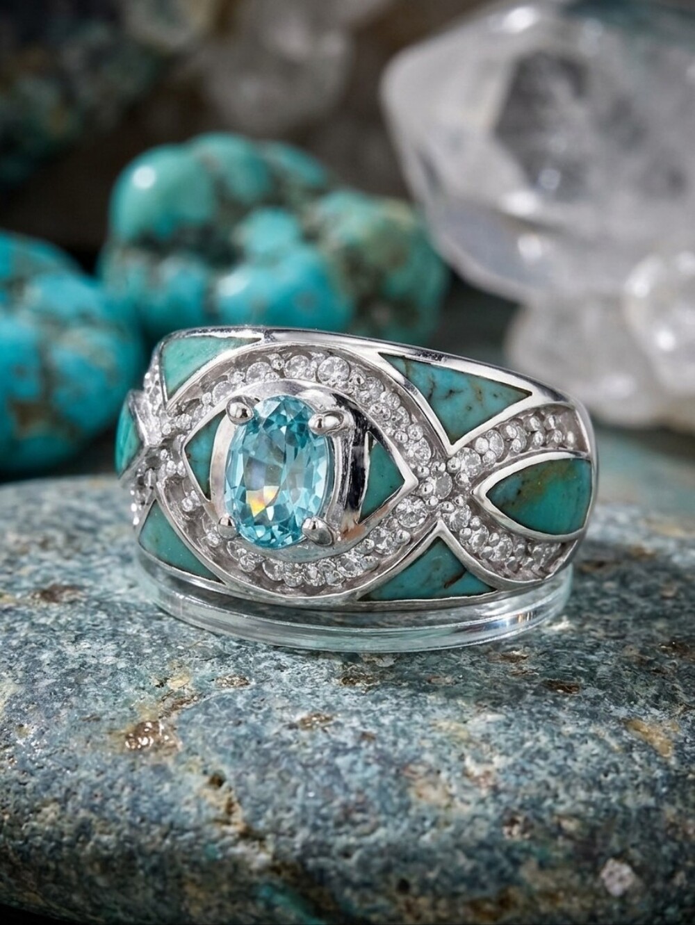 Blue Zircon & Inlay Turquoise Rhodium Over Sterling Silver Ring 1.75ctw